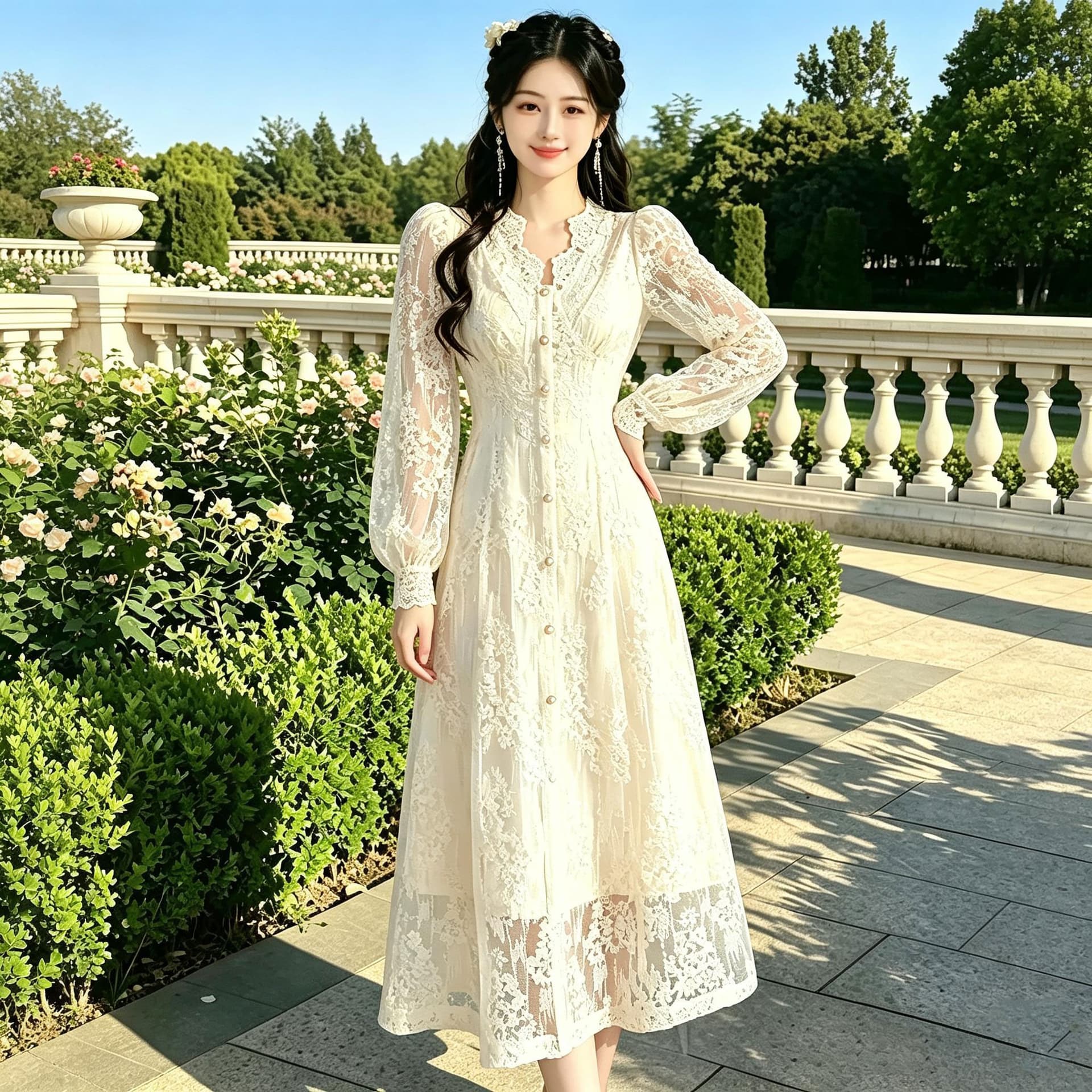 2026 프랑스식 가을 겨울 품격 부드러운 바람 작은 키 달콤함 레이스 긴팔 드레스 상세 이미지 1