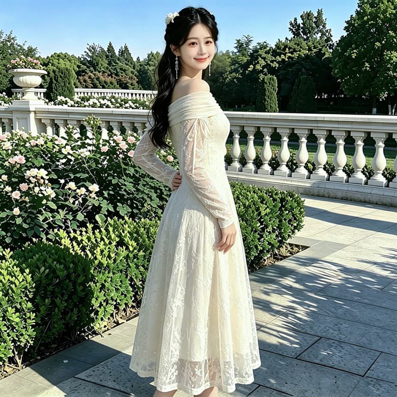 2026# 가을 겨울철 프랑스식 여신 팬 보트넥 오프숄더 망사 긴팔 요정 드레스 이미지 4