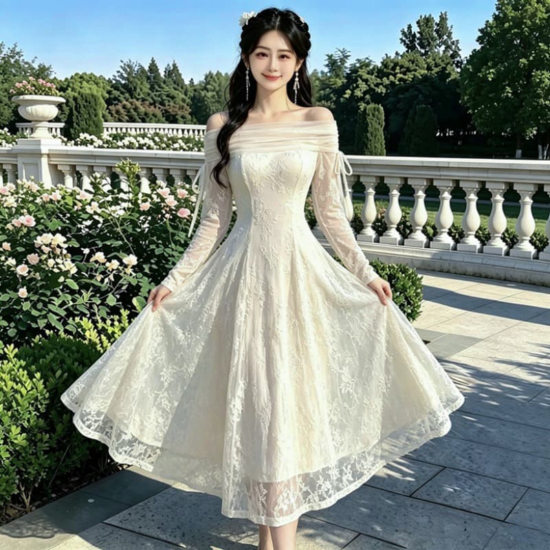 2026# 가을 겨울철 프랑스식 여신 팬 보트넥 오프숄더 망사 긴팔 요정 드레스 이미지 5