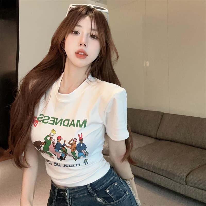 실사 정가 아메리칸 레트로 알파벳 프린트 어깨 패드 반팔 티셔츠 핫걸 쇼트 스타일 맨위 상세 이미지 5