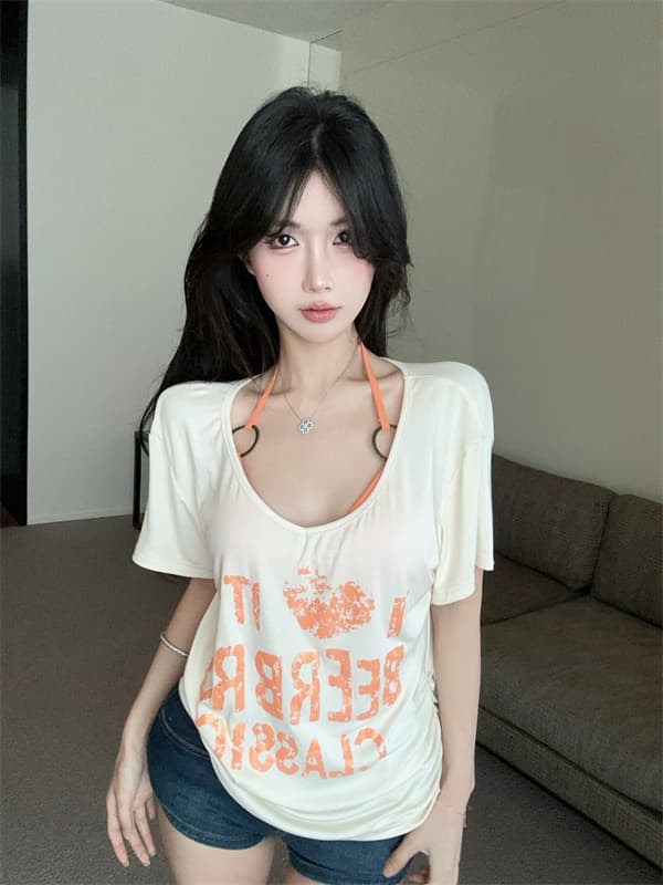 실사 정가 아메리칸 핫걸 비스듬한 어깨 반팔 티셔츠 루즈핏 명중 리본 가슴 패드 투피스 세트 상세 이미지 1