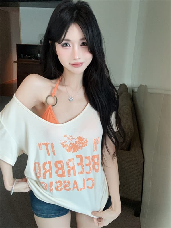 실사 정가 아메리칸 핫걸 비스듬한 어깨 반팔 티셔츠 루즈핏 명중 리본 가슴 패드 투피스 세트 상세 이미지 6
