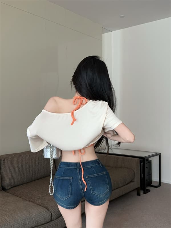 실사 정가 아메리칸 핫걸 비스듬한 어깨 반팔 티셔츠 루즈핏 명중 리본 가슴 패드 투피스 세트 상세 이미지 12