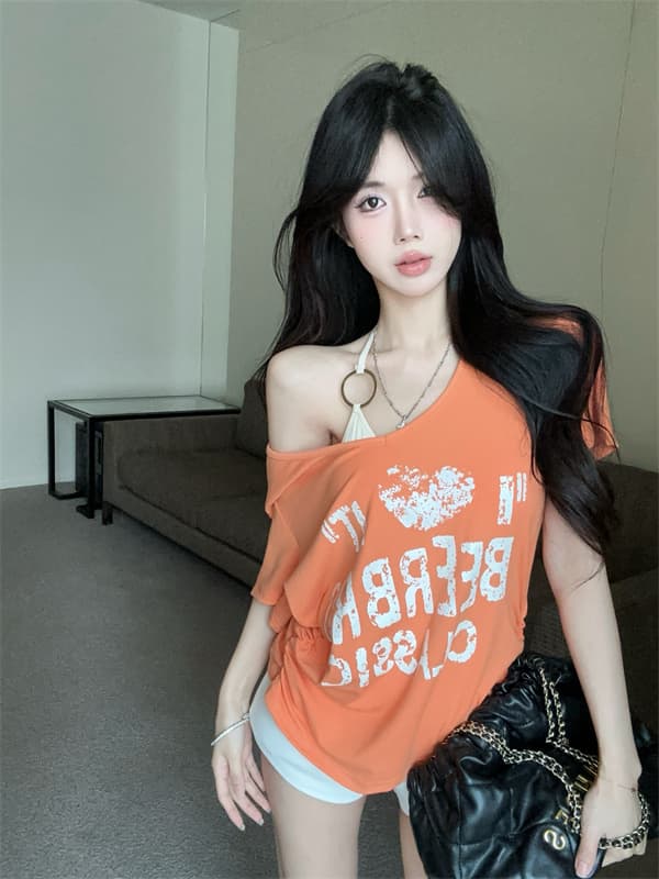 실사 정가 아메리칸 핫걸 비스듬한 어깨 반팔 티셔츠 루즈핏 명중 리본 가슴 패드 투피스 세트 상세 이미지 14