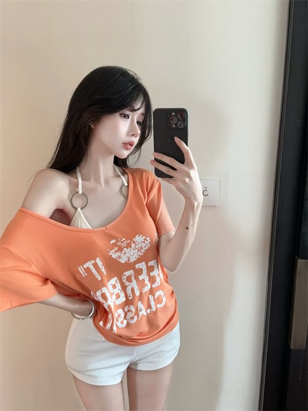 실사 정가 아메리칸 핫걸 비스듬한 어깨 반팔 티셔츠 루즈핏 명중 리본 가슴 패드 투피스 세트 상세 이미지 16