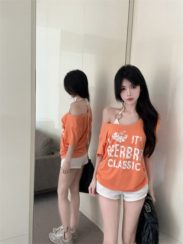 실사 정가 아메리칸 핫걸 비스듬한 어깨 반팔 티셔츠 루즈핏 명중 리본 가슴 패드 투피스 세트 상세 이미지 19