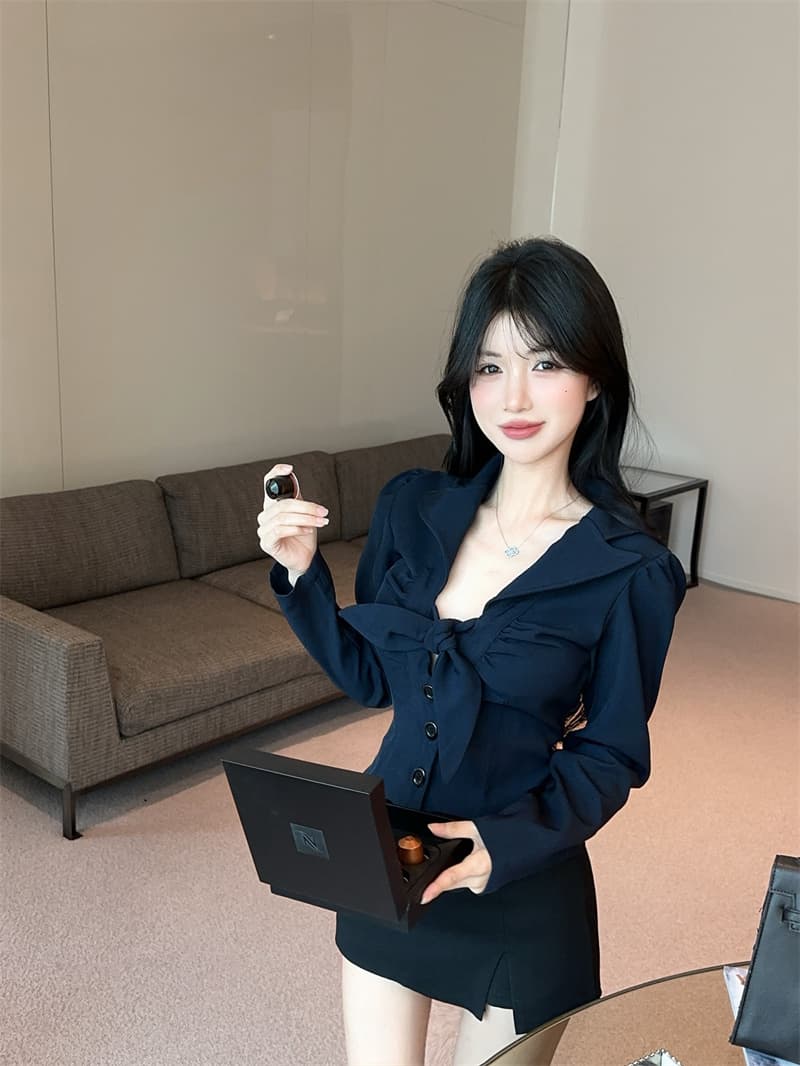 실사 정가 레트로 프랑스식 나비 매듭 스트랩 디자인 폴로 칼라 낮은 가슴 셔츠 허리 수축 슬림해 보이는 긴팔 맨위 상세 이미지 7