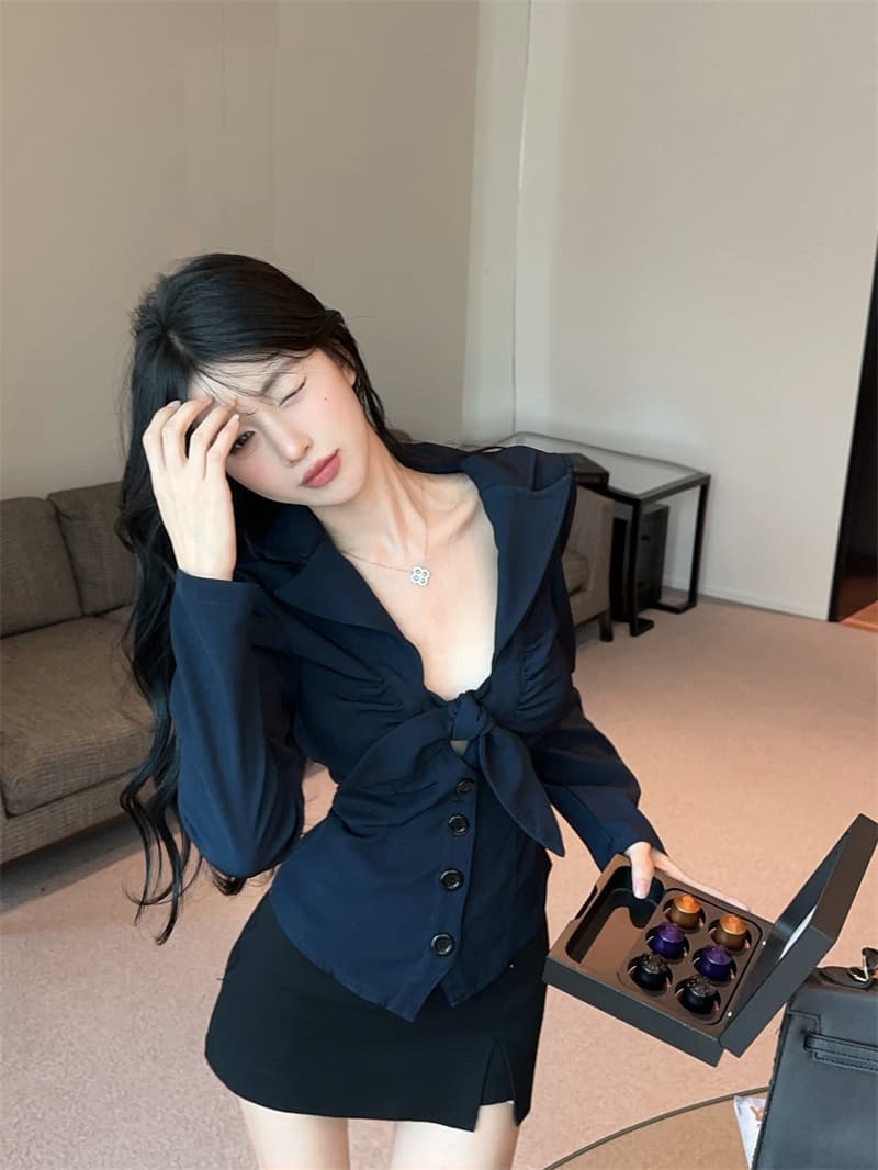 실사 정가 레트로 프랑스식 나비 매듭 스트랩 디자인 폴로 칼라 낮은 가슴 셔츠 허리 수축 슬림해 보이는 긴팔 맨위 상세 이미지 12