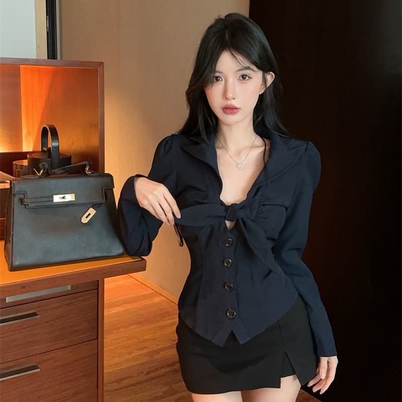 실사 정가 레트로 프랑스식 나비 매듭 스트랩 디자인 폴로 칼라 낮은 가슴 셔츠 허리 수축 슬림해 보이는 긴팔 맨위 이미지 5