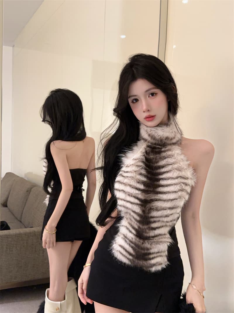 실사 정가 현대 레트로 스타일 세련된 좋은 모피 패치워크 터틀넥 민소매 조끼 몸매 가꾸기 맨위 상세 이미지 11