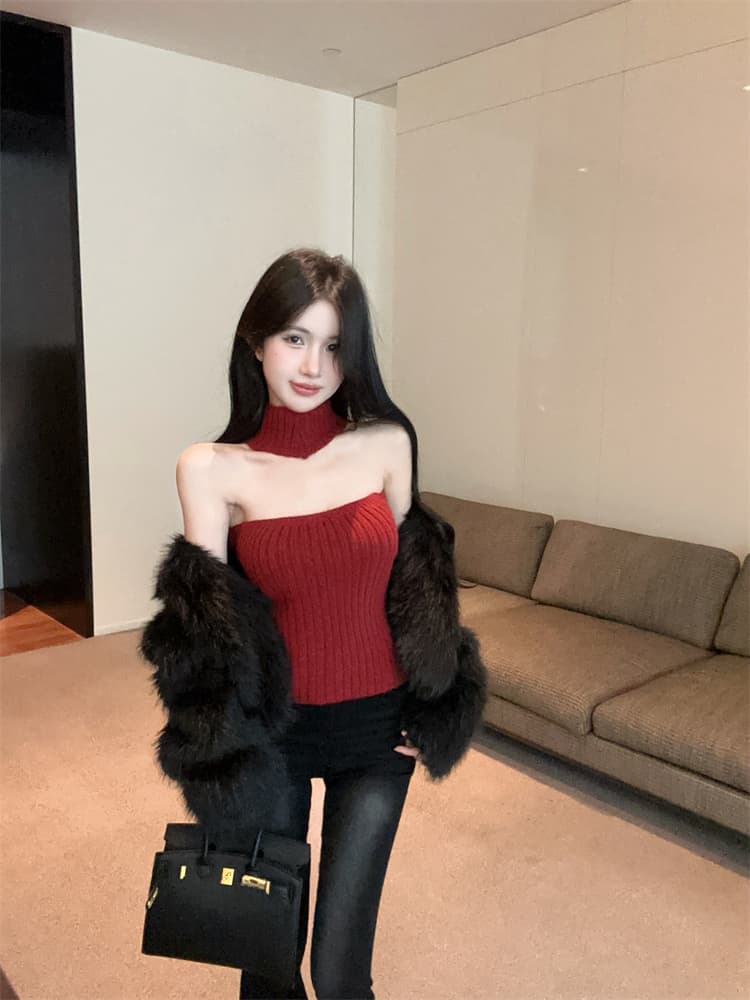 실사 니트 튜브탑 조끼 여성 가을 겨울철 크리스마스 순수한 욕망 행침 목 몸매 가꾸기 만나는 맨위 상세 이미지 3