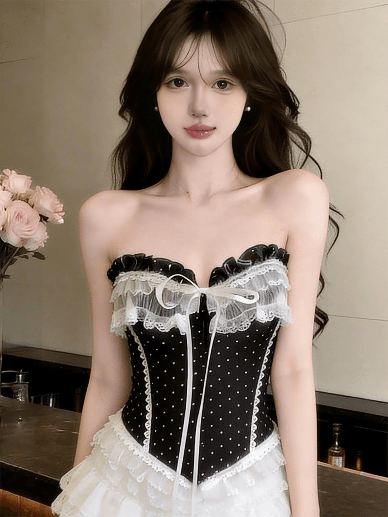 실사 정가 도트 무늬 패치워크 레이스 레이스 훅 버클 튜브탑 조끼 생선뼈 디스플레이 허리 짧은 맨위 이미지 2