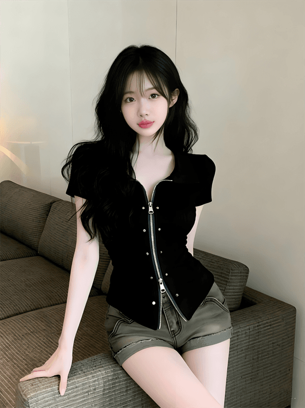 실사 정가 아메리칸 핫걸 디자인 센스 폴로 칼라 지퍼 반팔 맨위 이미지 2