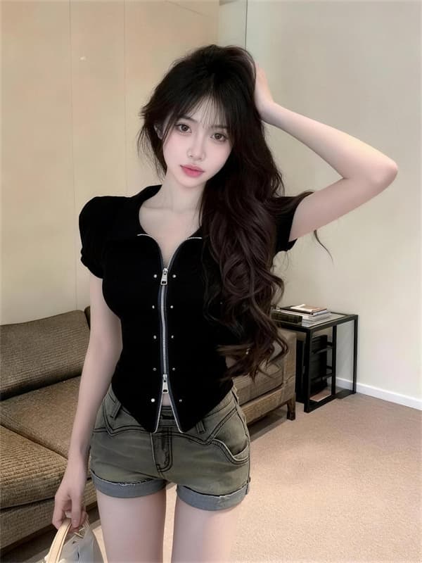 실사 정가 아메리칸 핫걸 디자인 센스 폴로 칼라 지퍼 반팔 맨위 상세 이미지 2