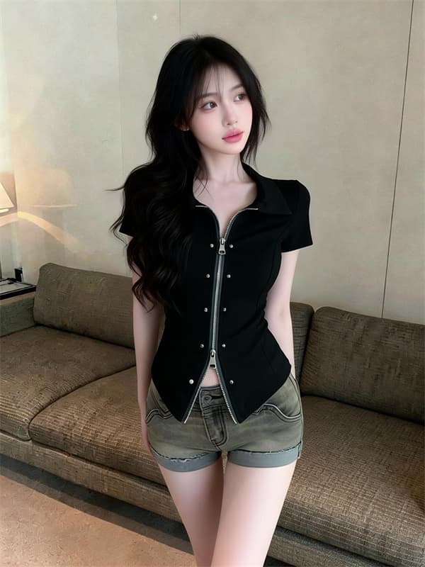 실사 정가 아메리칸 핫걸 디자인 센스 폴로 칼라 지퍼 반팔 맨위 상세 이미지 4