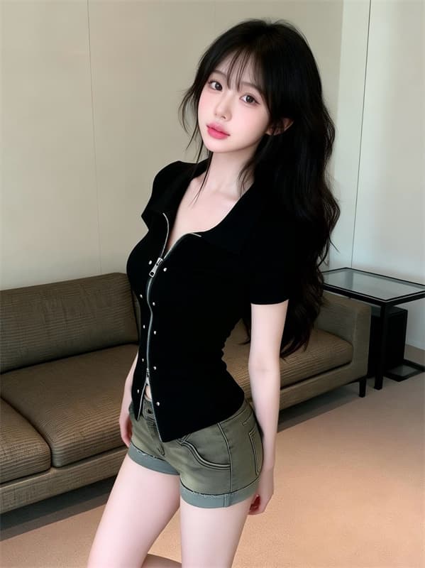 실사 정가 아메리칸 핫걸 디자인 센스 폴로 칼라 지퍼 반팔 맨위 상세 이미지 6