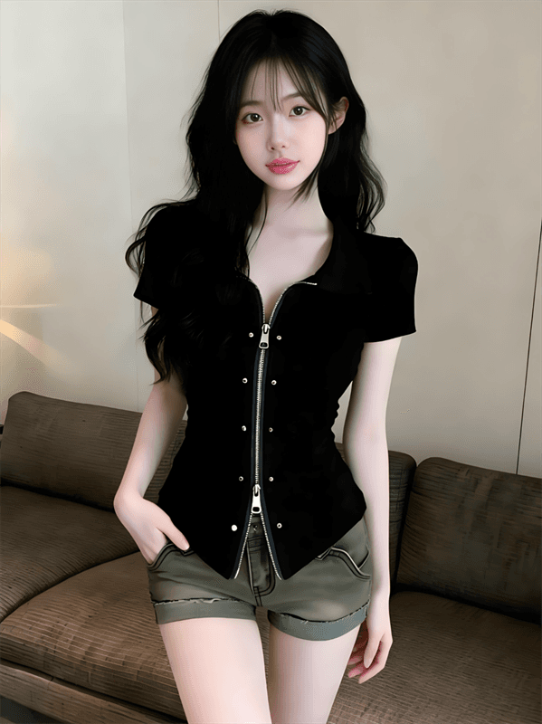실사 정가 아메리칸 핫걸 디자인 센스 폴로 칼라 지퍼 반팔 맨위 상세 이미지 8