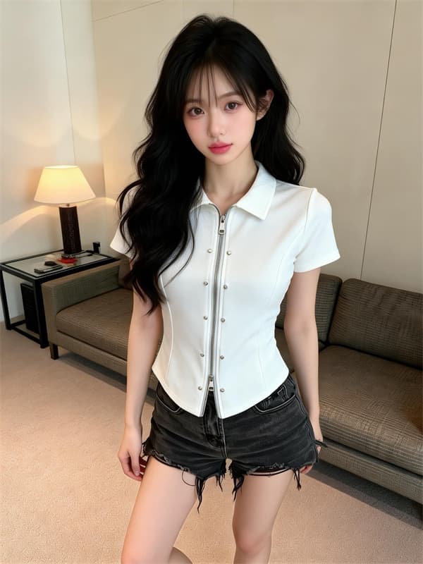 실사 정가 아메리칸 핫걸 디자인 센스 폴로 칼라 지퍼 반팔 맨위 상세 이미지 10