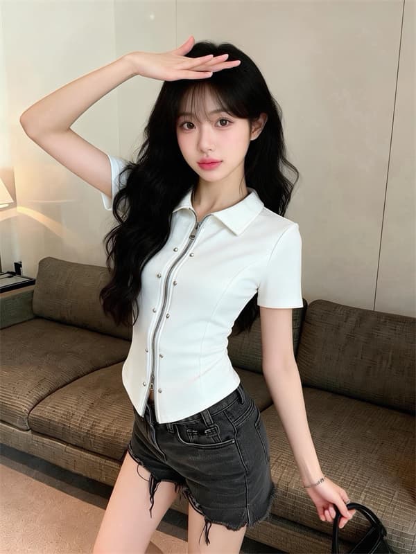 실사 정가 아메리칸 핫걸 디자인 센스 폴로 칼라 지퍼 반팔 맨위 상세 이미지 12