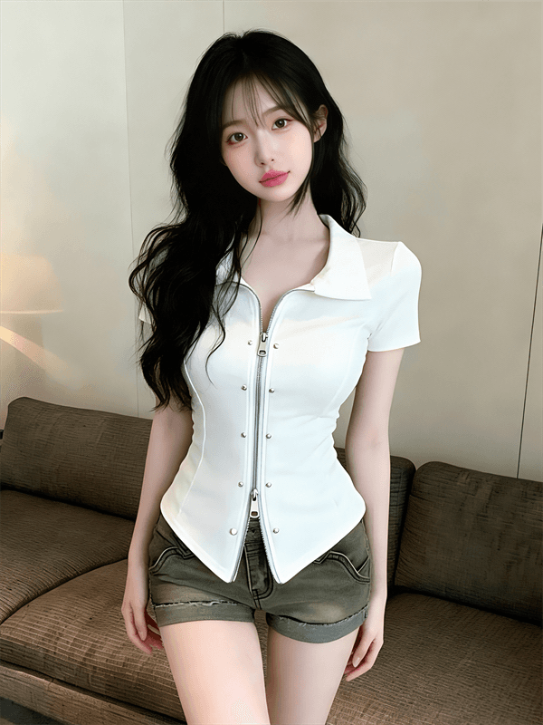 실사 정가 아메리칸 핫걸 디자인 센스 폴로 칼라 지퍼 반팔 맨위 상세 이미지 13