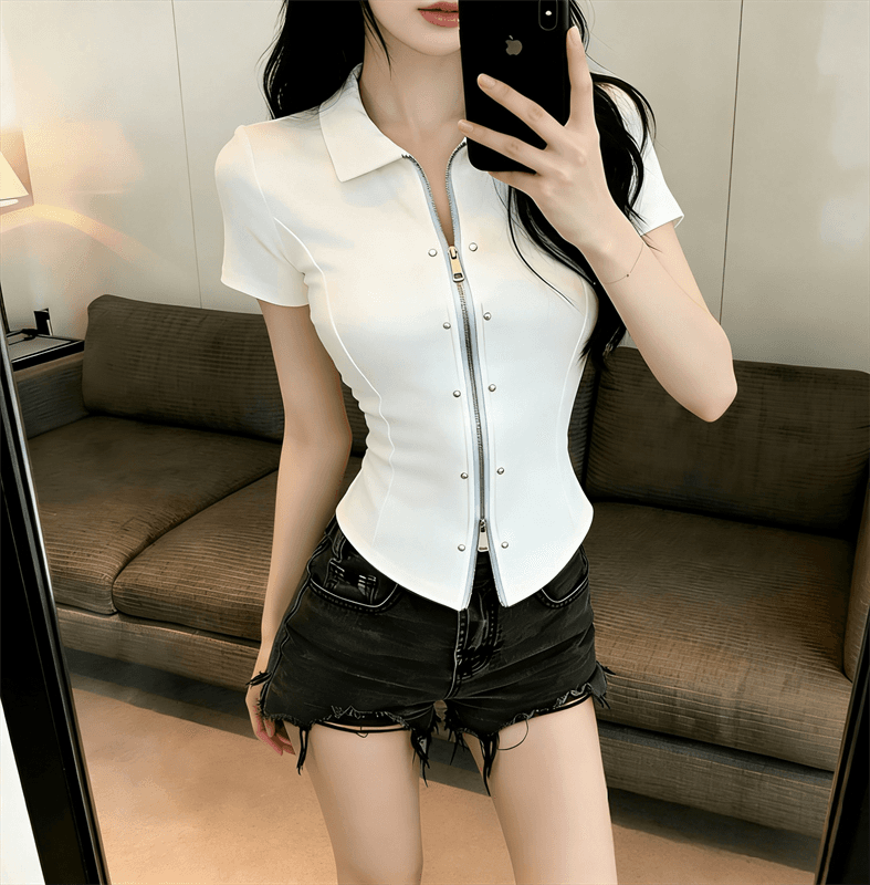 실사 정가 아메리칸 핫걸 디자인 센스 폴로 칼라 지퍼 반팔 맨위 상세 이미지 14