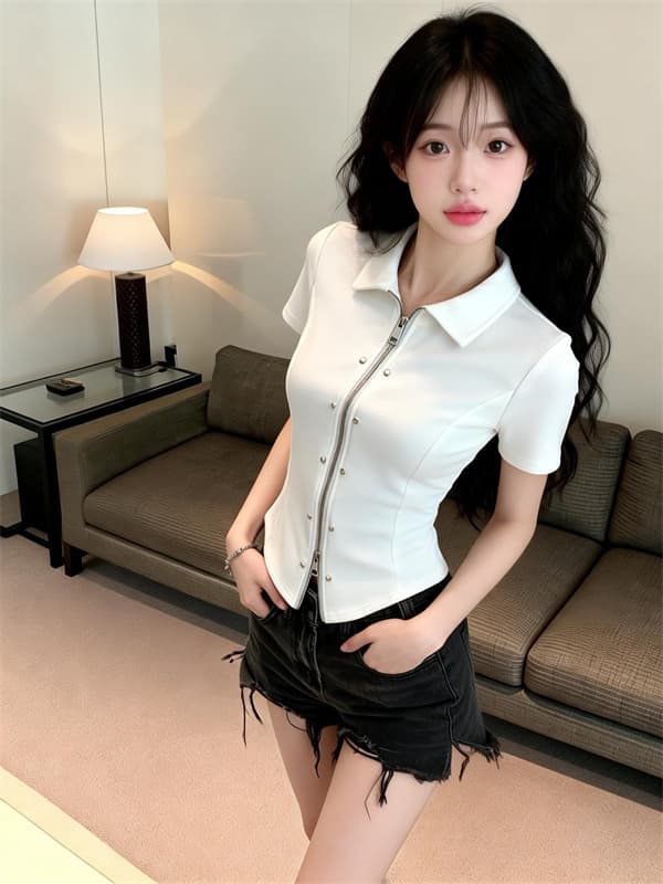 실사 정가 아메리칸 핫걸 디자인 센스 폴로 칼라 지퍼 반팔 맨위 상세 이미지 15