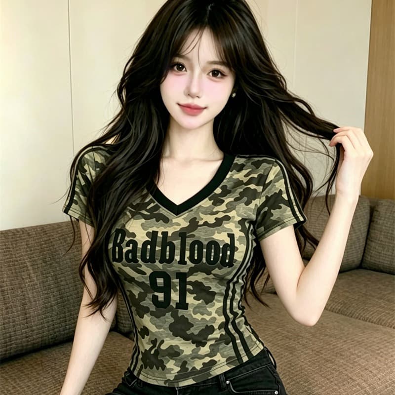 실사 정가 여름 새로운 카모플라주 V넥 반팔 아메리칸 핫걸 몸매 가꾸기 반팔 티셔츠 이미지 5