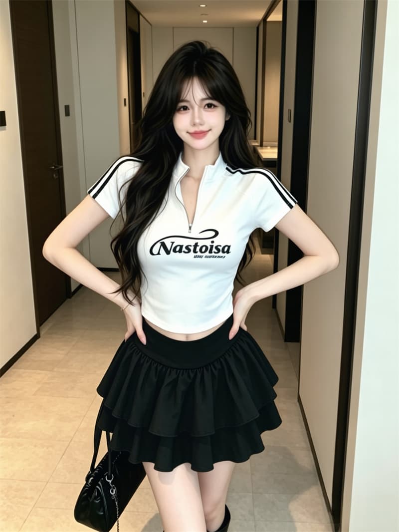 실사 정가 아메리칸 달콤한 차가운 핫걸 여름 스탠드 칼라 지퍼 반팔 티셔츠 상세 이미지 1
