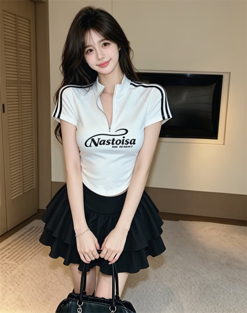 실사 정가 아메리칸 달콤한 차가운 핫걸 여름 스탠드 칼라 지퍼 반팔 티셔츠 상세 이미지 2