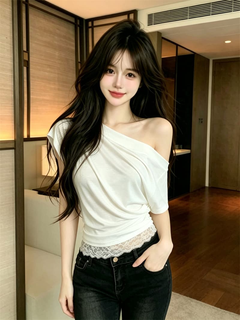 실사 정가 주간 실크 주름 레이스 짧은 티셔츠 디자인 센스 오프숄더 몸매 가꾸기 맨위 상세 이미지 2