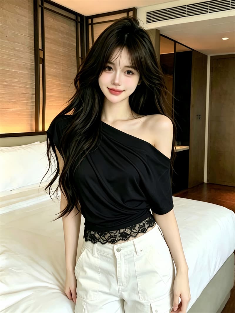 실사 정가 주간 실크 주름 레이스 짧은 티셔츠 디자인 센스 오프숄더 몸매 가꾸기 맨위 상세 이미지 11