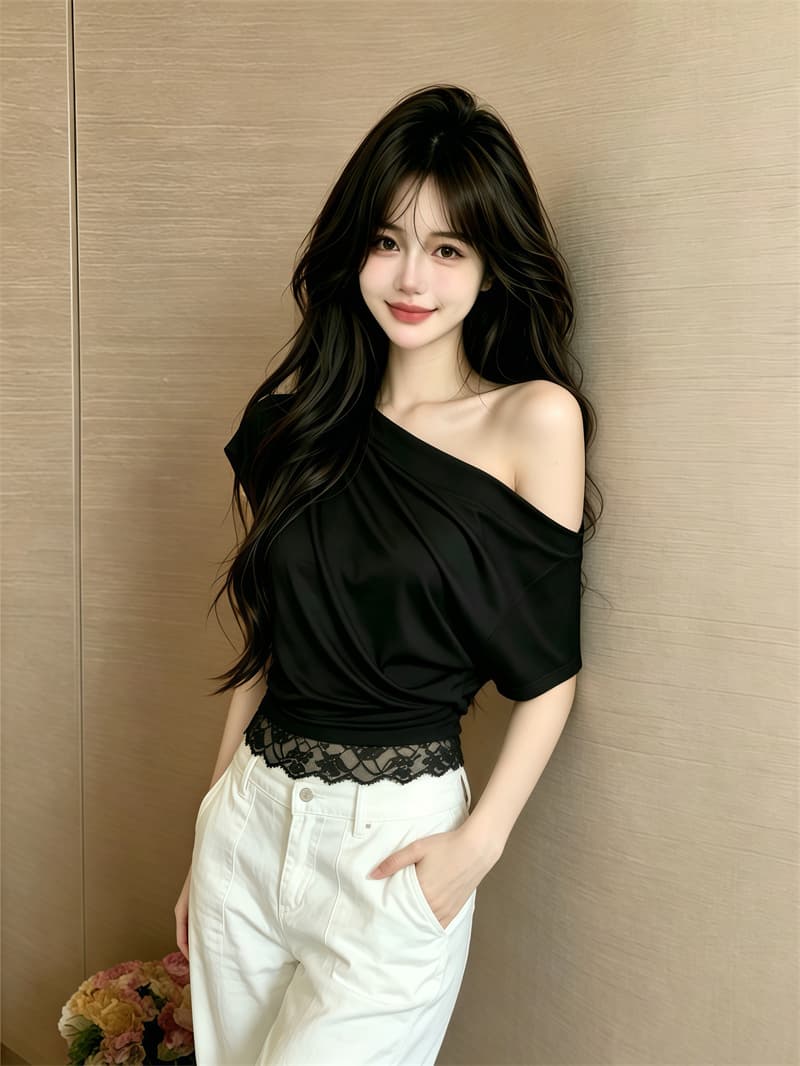실사 정가 주간 실크 주름 레이스 짧은 티셔츠 디자인 센스 오프숄더 몸매 가꾸기 맨위 상세 이미지 15