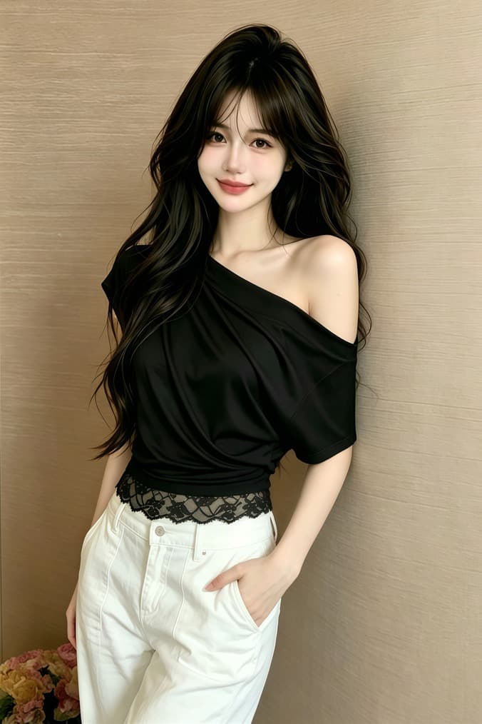실사 정가 주간 실크 주름 레이스 짧은 티셔츠 디자인 센스 오프숄더 몸매 가꾸기 맨위 이미지 6