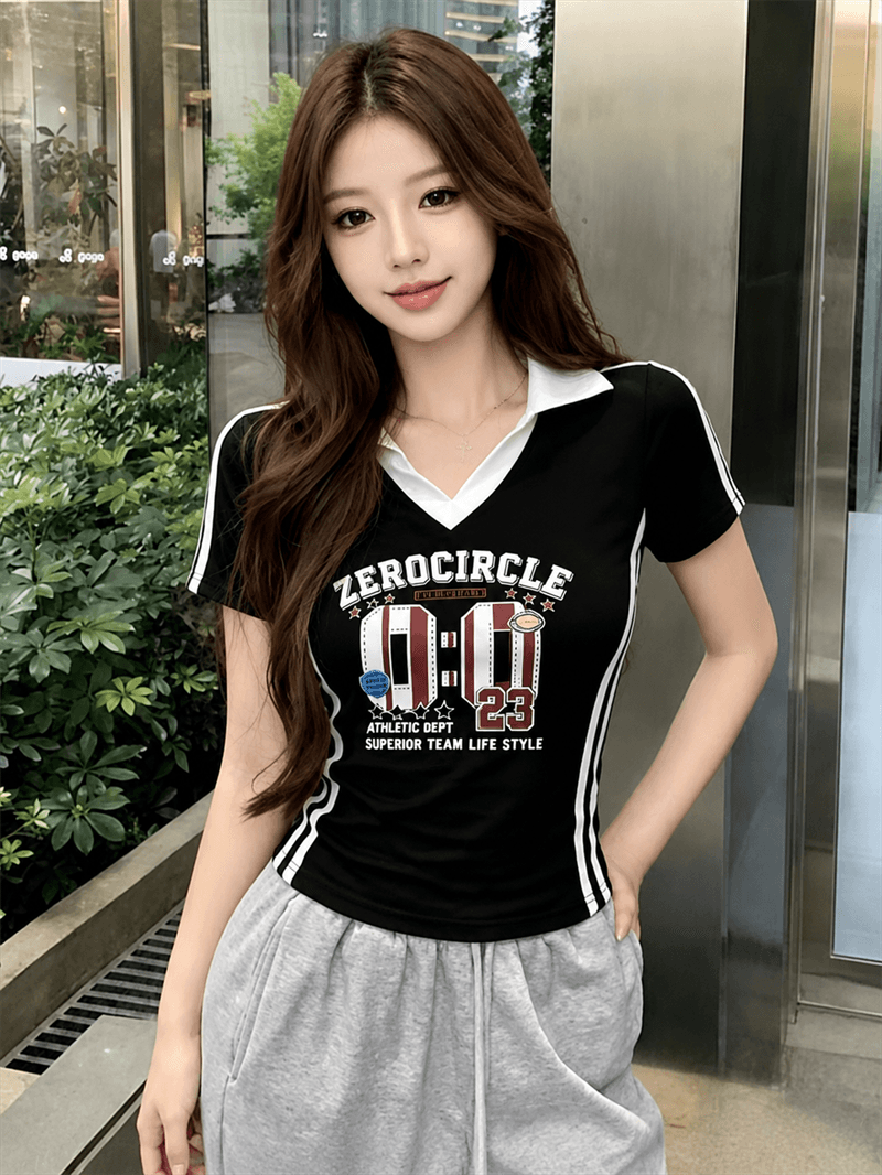 실사 정가 아메리칸 레트로 프린트 V넥 POLO 칼라 반팔 티셔츠 몸매 가꾸기 핫걸 맨위 이미지 2