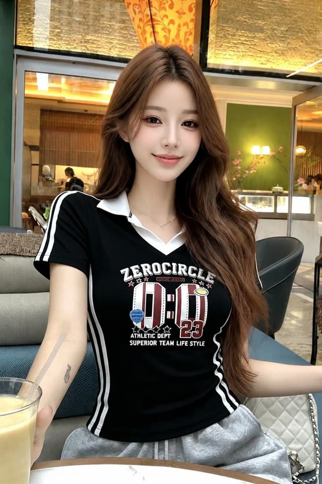 실사 정가 아메리칸 레트로 프린트 V넥 POLO 칼라 반팔 티셔츠 몸매 가꾸기 핫걸 맨위 이미지 6