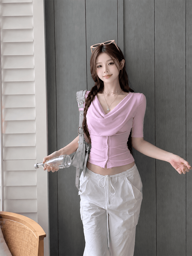 실사 정가 빛 요리 한 바람 품격 흔들다 칼라 중간 소매 티셔츠 몸매 가꾸기 허리 수축 슬림해 보이는 다용도 맨위