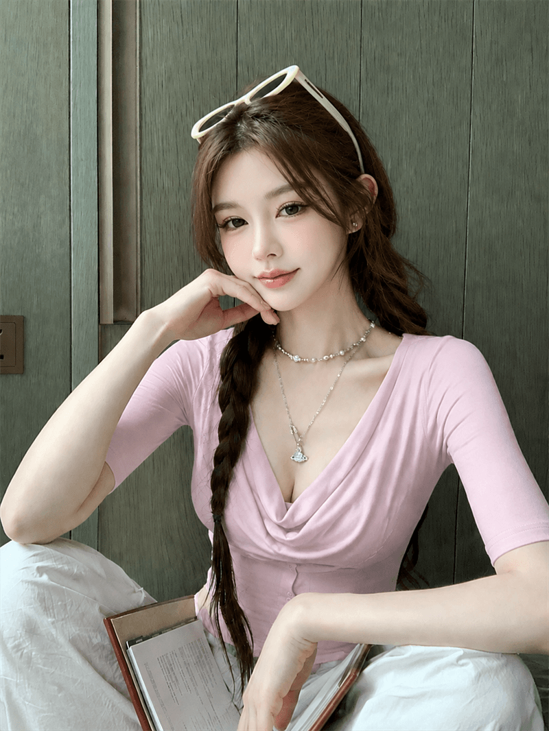 실사 정가 빛 요리 한 바람 품격 흔들다 칼라 중간 소매 티셔츠 몸매 가꾸기 허리 수축 슬림해 보이는 다용도 맨위 상세 이미지 4