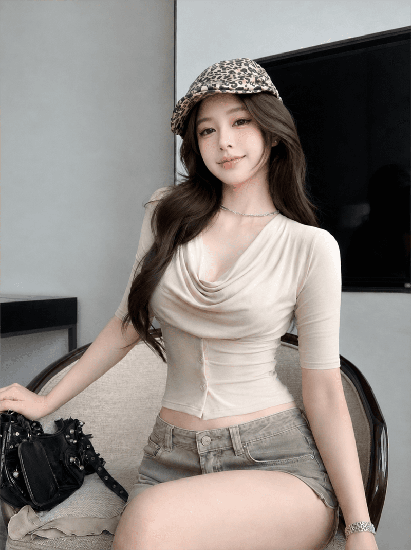 실사 정가 빛 요리 한 바람 품격 흔들다 칼라 중간 소매 티셔츠 몸매 가꾸기 허리 수축 슬림해 보이는 다용도 맨위 이미지 4