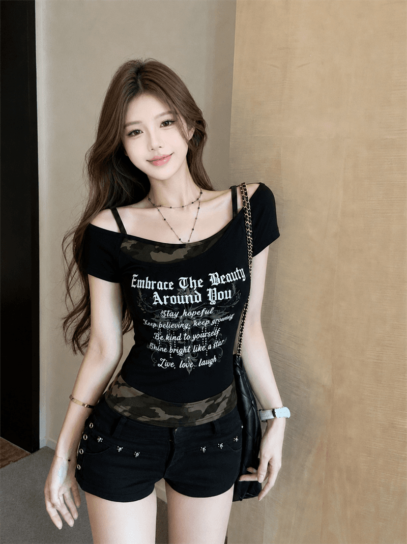 실사 정가 핫걸 페이크 레이어드 카모플라주 행침 목 비스듬한 어깨 반팔 티셔츠 상세 이미지 1