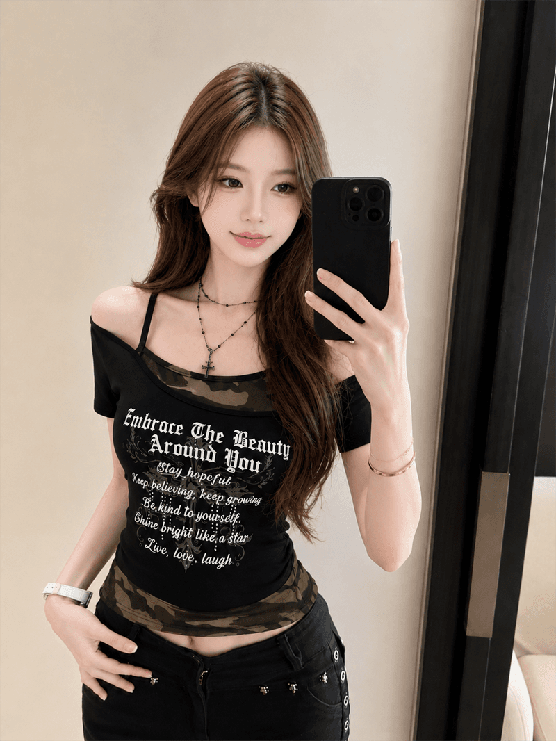 실사 정가 핫걸 페이크 레이어드 카모플라주 행침 목 비스듬한 어깨 반팔 티셔츠 상세 이미지 3