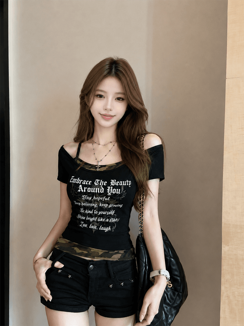실사 정가 핫걸 페이크 레이어드 카모플라주 행침 목 비스듬한 어깨 반팔 티셔츠 상세 이미지 6