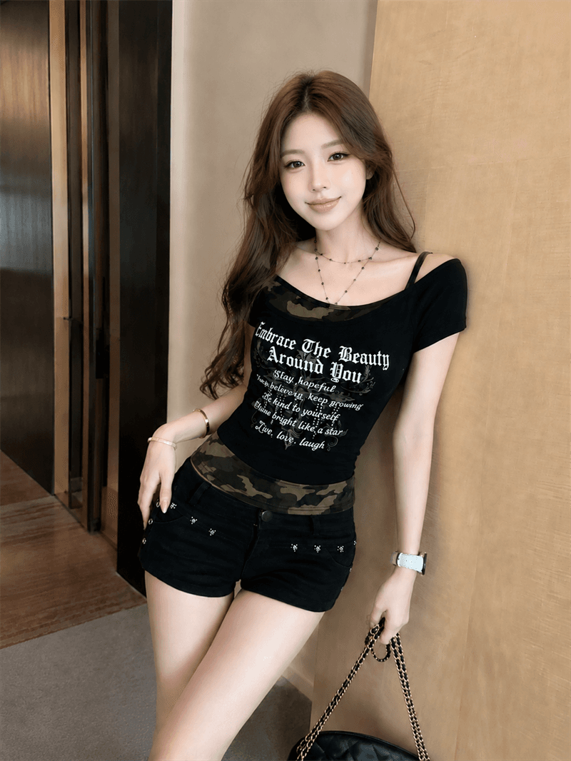 실사 정가 핫걸 페이크 레이어드 카모플라주 행침 목 비스듬한 어깨 반팔 티셔츠 상세 이미지 8