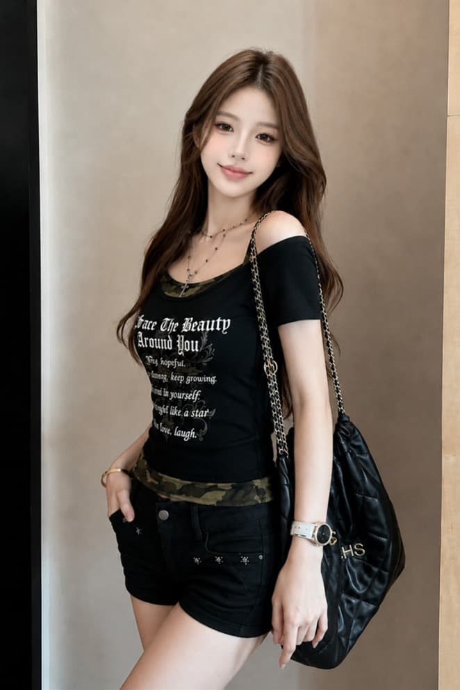 실사 정가 핫걸 페이크 레이어드 카모플라주 행침 목 비스듬한 어깨 반팔 티셔츠 이미지 6