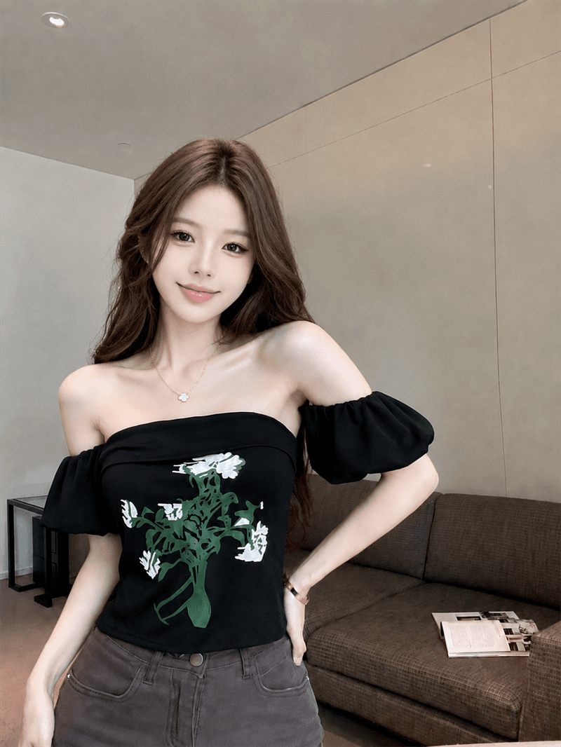 실사 정가 한국 스타일 디자인 센스 튜브탑 프린트 오프숄더 이슬 쇄골 조끼 맨위 이미지 2