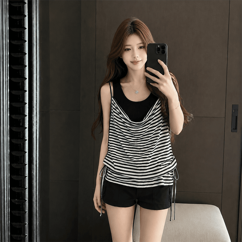 실사 한 부서 스트라이프 흔들다 칼라 캐미솔 느슨함 센스 스택 착용 허리 수축 슬림해 보이는 세트 이미지 3