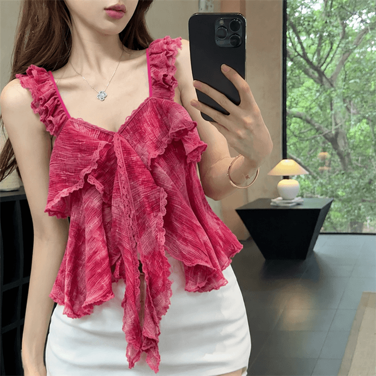 실사 장난기 넘치는 첸 진 팡 칼라 플리츠 다중 레이어 프릴 쇼트 스타일 민소매 작은 셔츠 조끼 상세 이미지 8