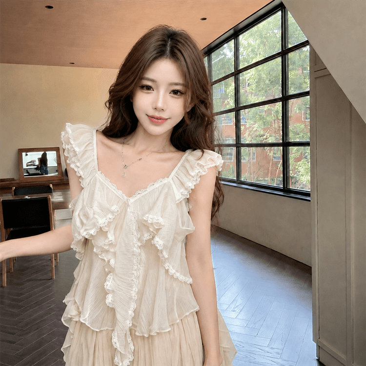 실사 장난기 넘치는 첸 진 팡 칼라 플리츠 다중 레이어 프릴 쇼트 스타일 민소매 작은 셔츠 조끼 상세 이미지 9