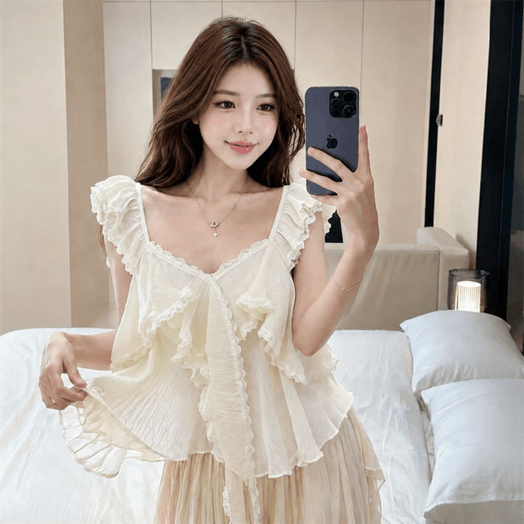실사 장난기 넘치는 첸 진 팡 칼라 플리츠 다중 레이어 프릴 쇼트 스타일 민소매 작은 셔츠 조끼 상세 이미지 11