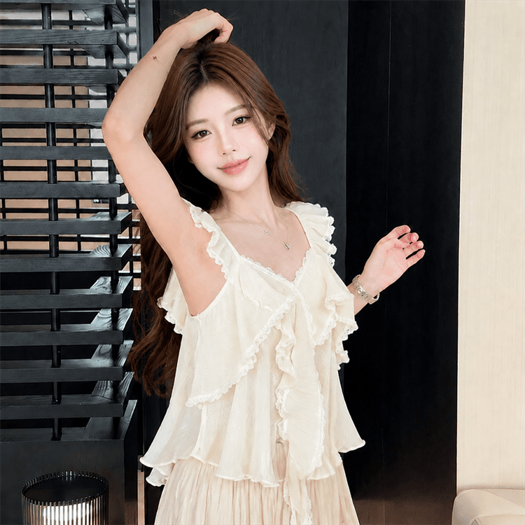 실사 장난기 넘치는 첸 진 팡 칼라 플리츠 다중 레이어 프릴 쇼트 스타일 민소매 작은 셔츠 조끼 상세 이미지 12