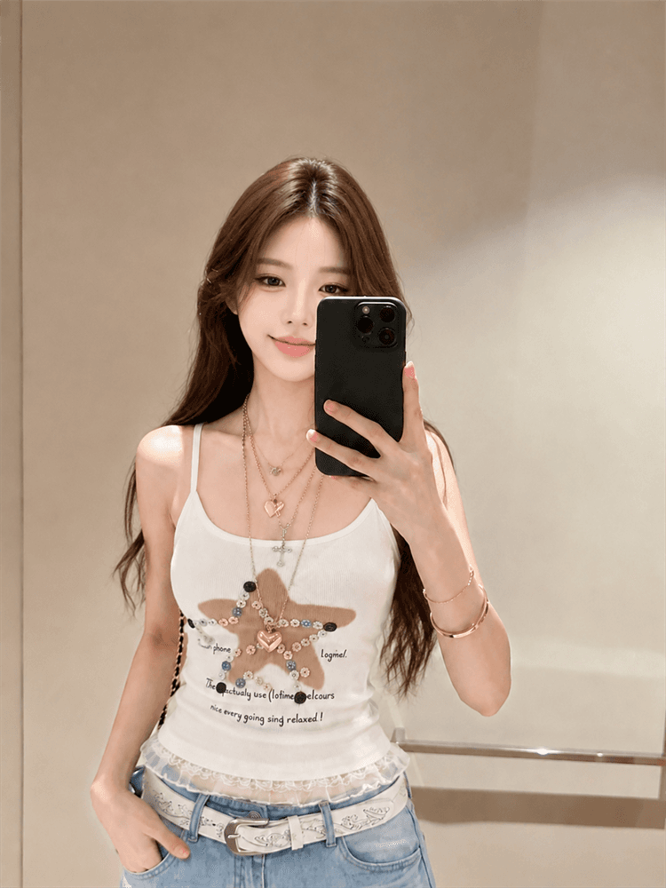 실사 정가 재미있는 별 단추 레이스 레이스 캐미솔 벨트 가슴 패드 상세 이미지 3
